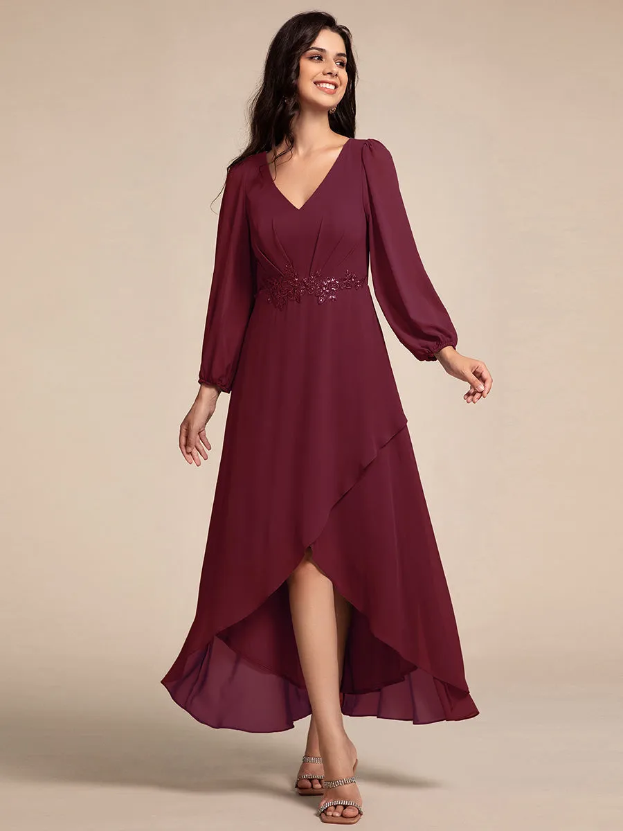 Long Lantern Sleeves Waist Applique Chiffon Formal Evening Dress