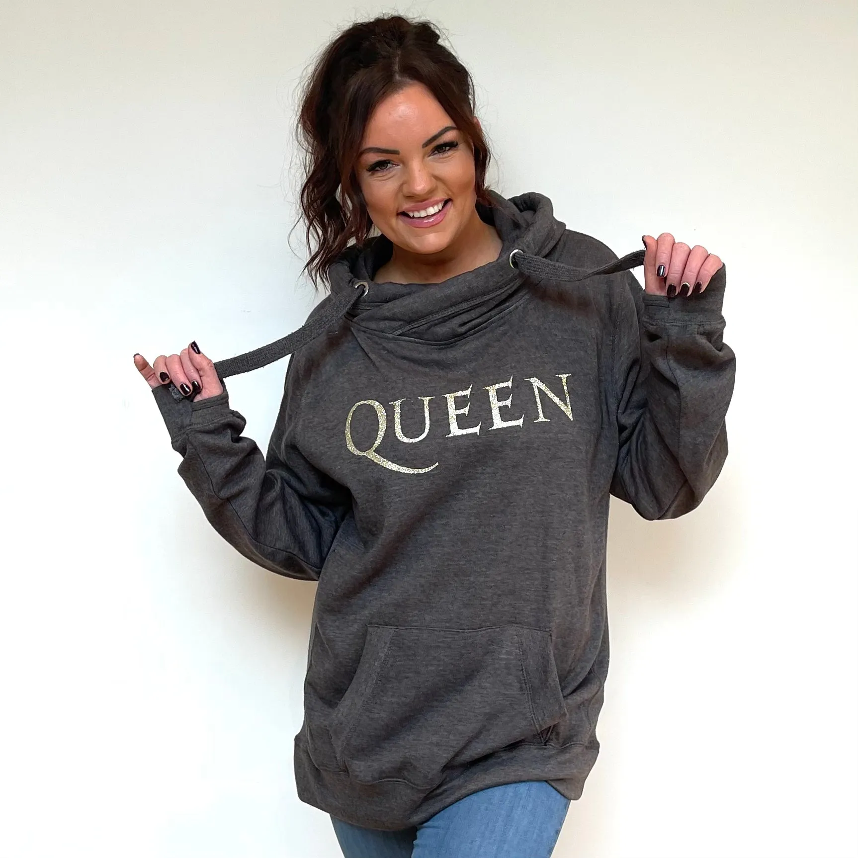 Luxury Cowl Neck Queen Hoodie - Charcoal