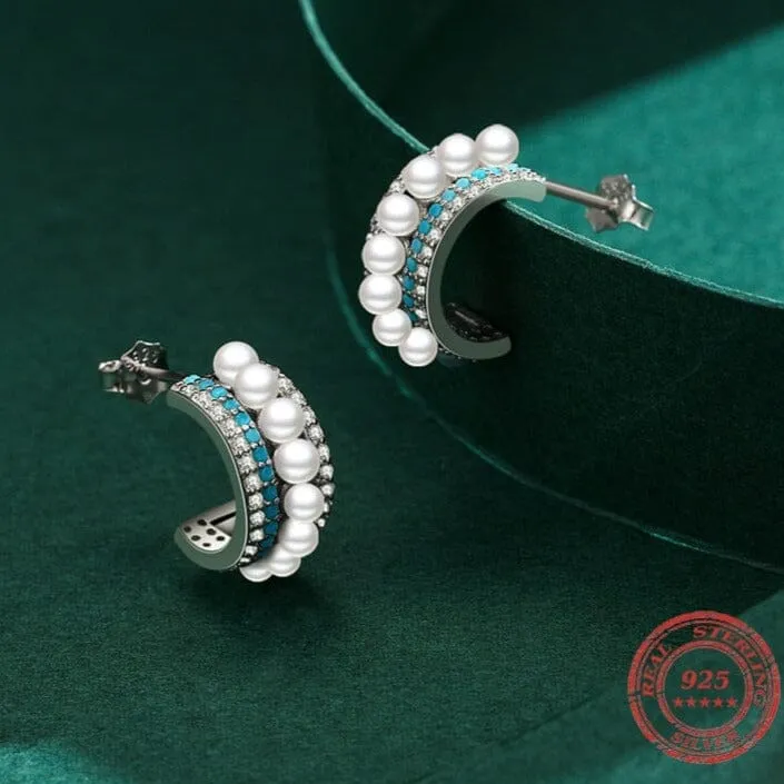 Luxury Pearl Charm Turquoise Stud Earrings - 925 Sterling Silver