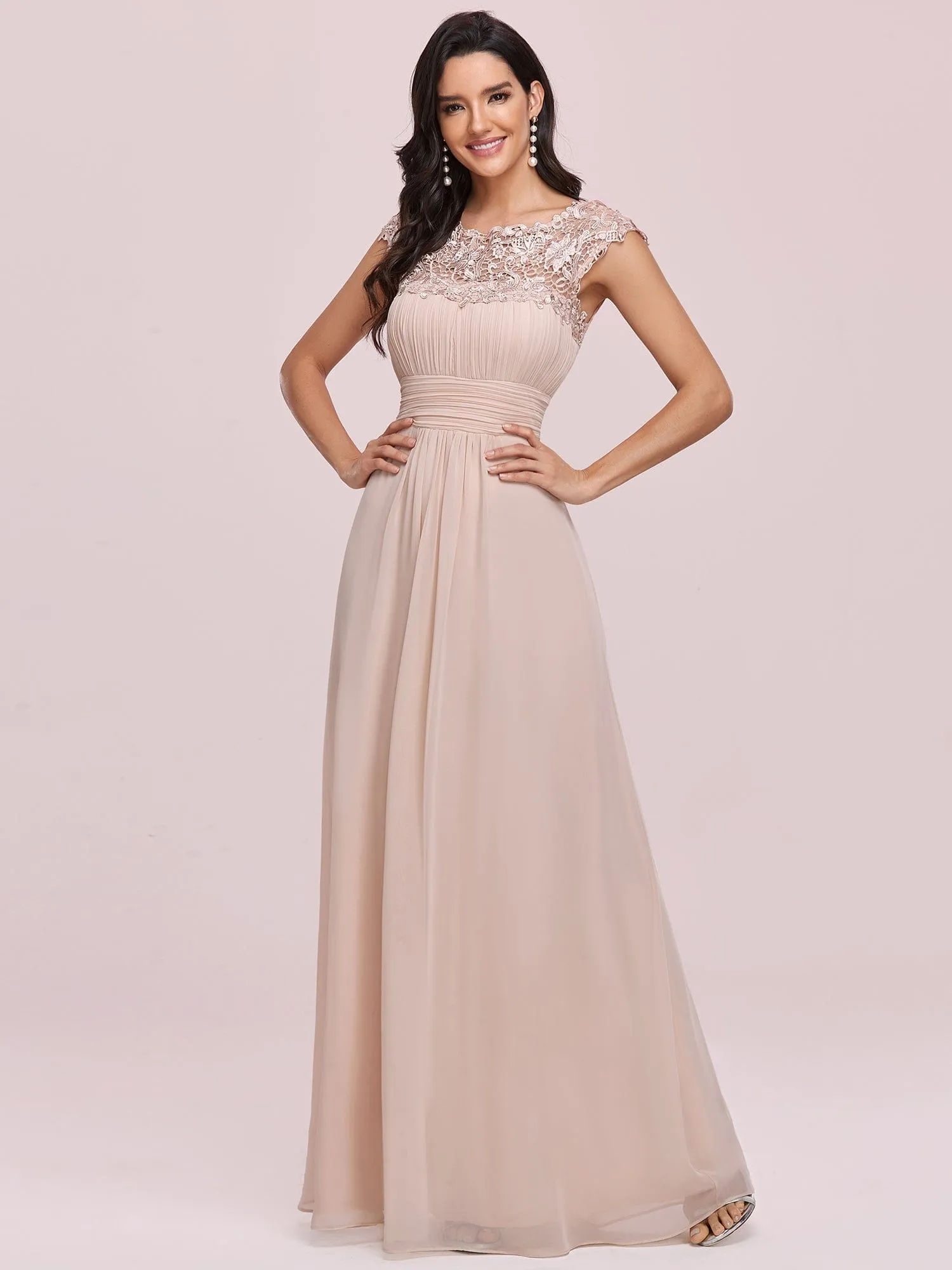 Maxi Lace Cap Sleeve Long Formal Evening Dress