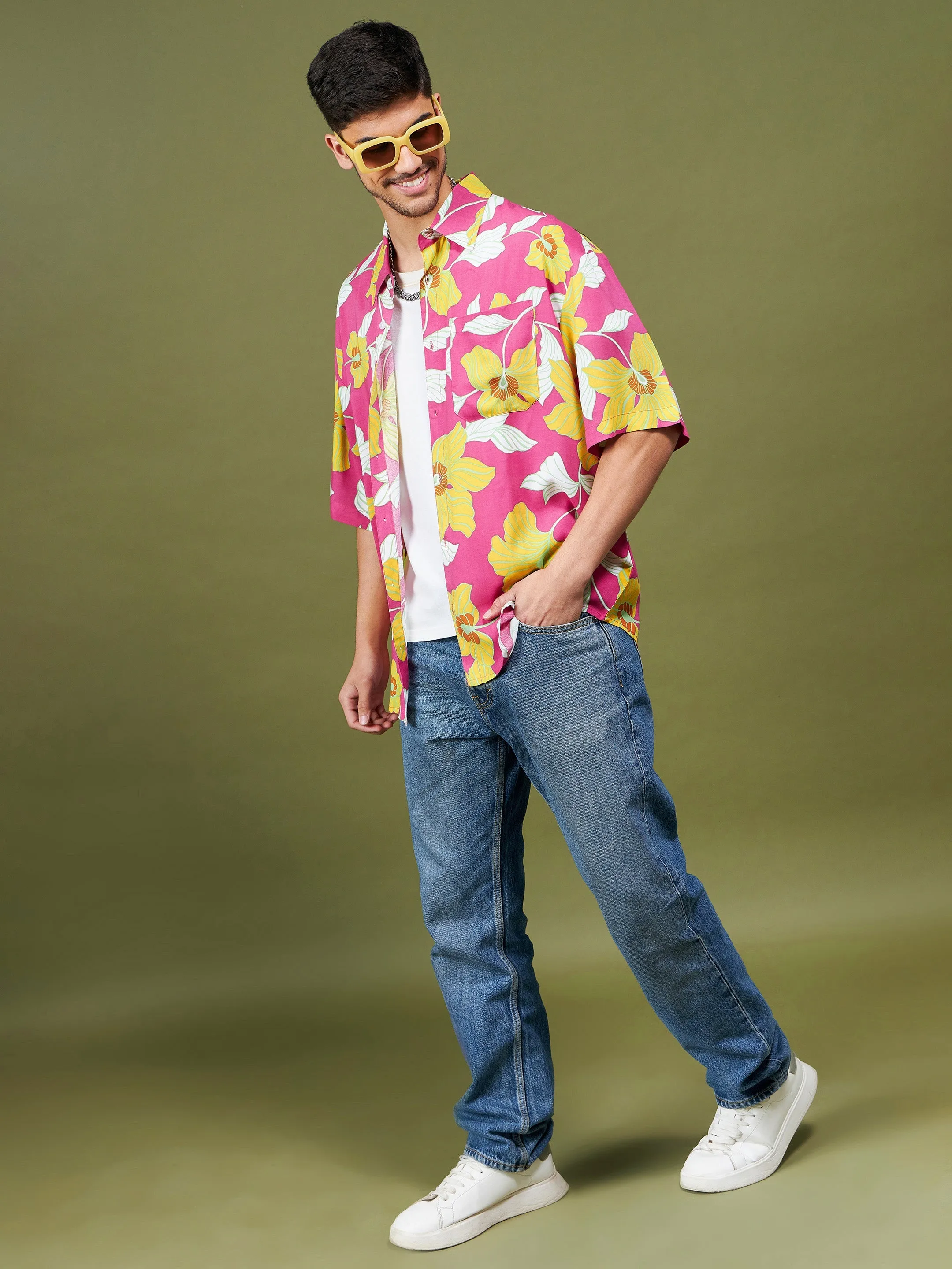 Men Fuchsia Tropical Oversized Shirt