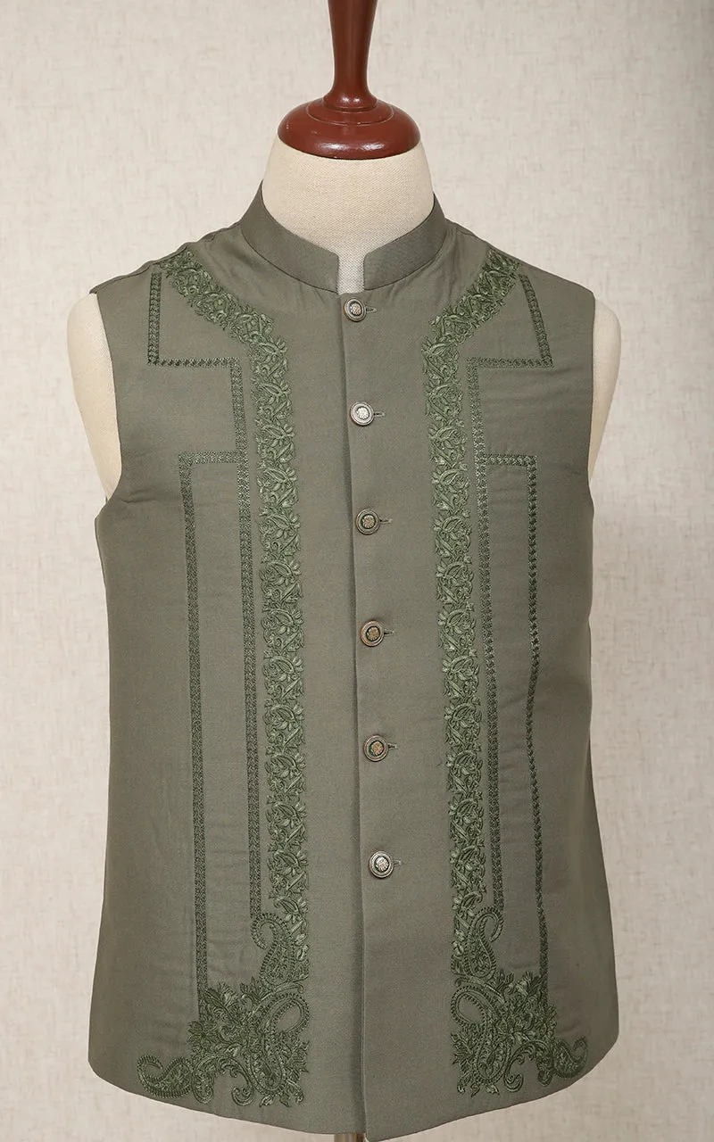 Men Premium Embroidered Waistcoat Green