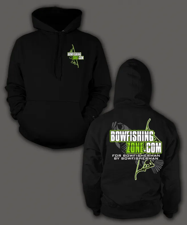 "Bowfishing Zone" printed on Black Hoodies & Tees