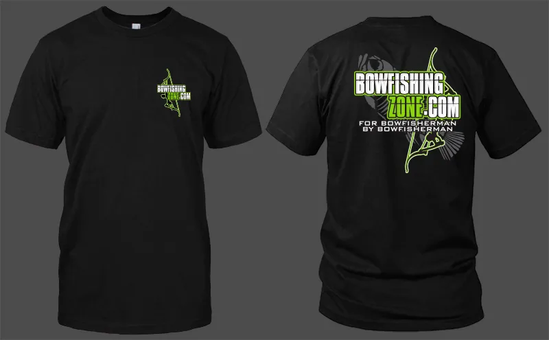 "Bowfishing Zone" printed on Black Hoodies & Tees