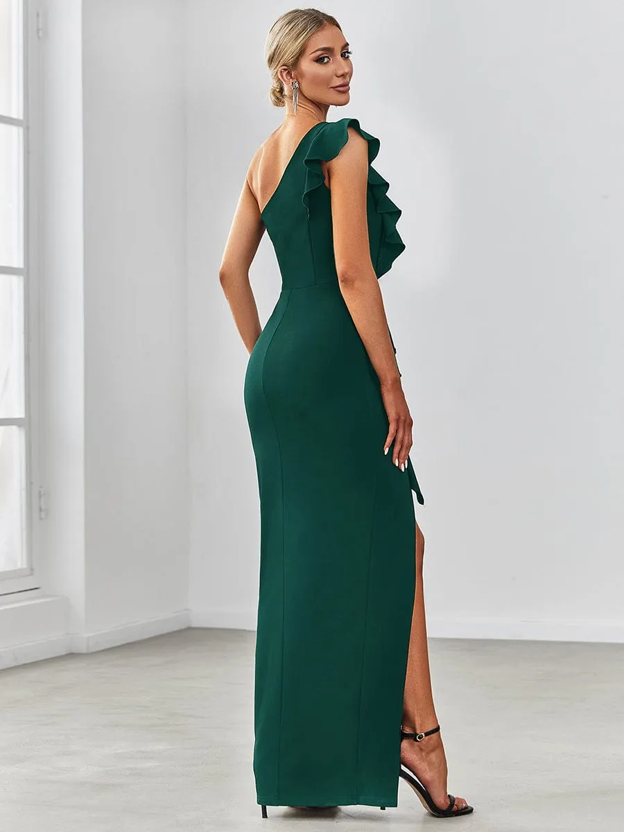 Ruffled One Shoulder Bodycon High Slit Formal Dress