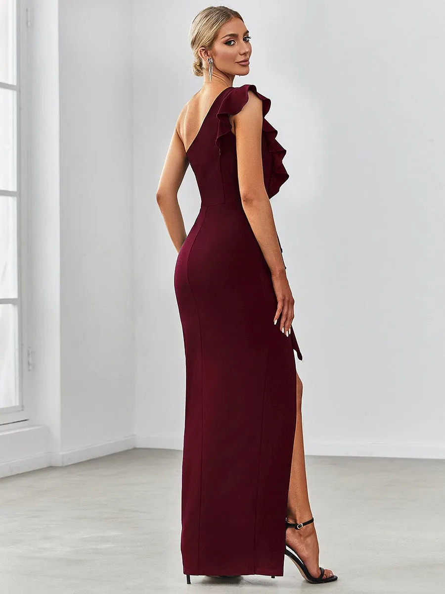 Ruffled One Shoulder Bodycon High Slit Formal Dress