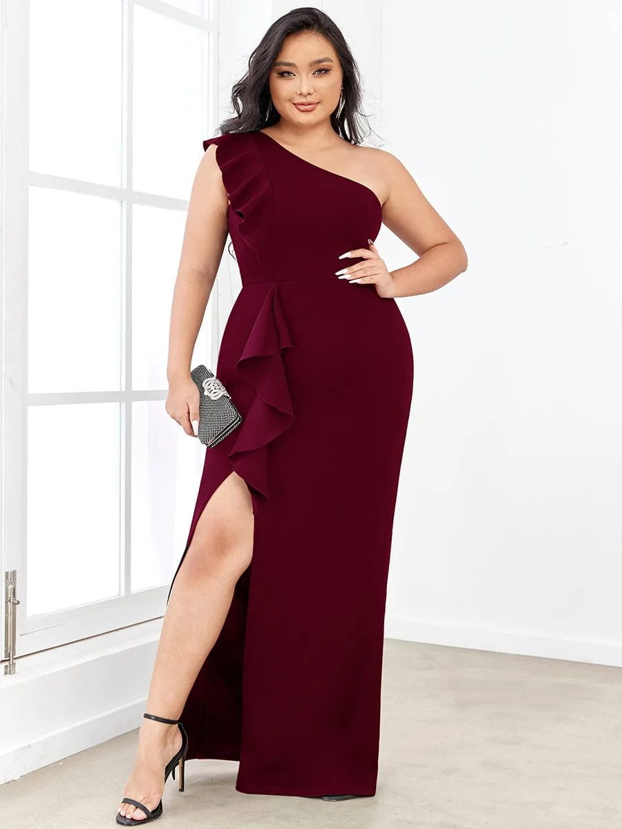 Ruffled One Shoulder Bodycon High Slit Formal Dress