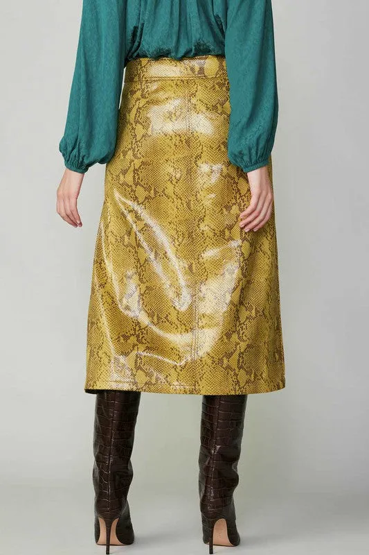 Snake Skin Print Faux Leather Skirt-Yellow