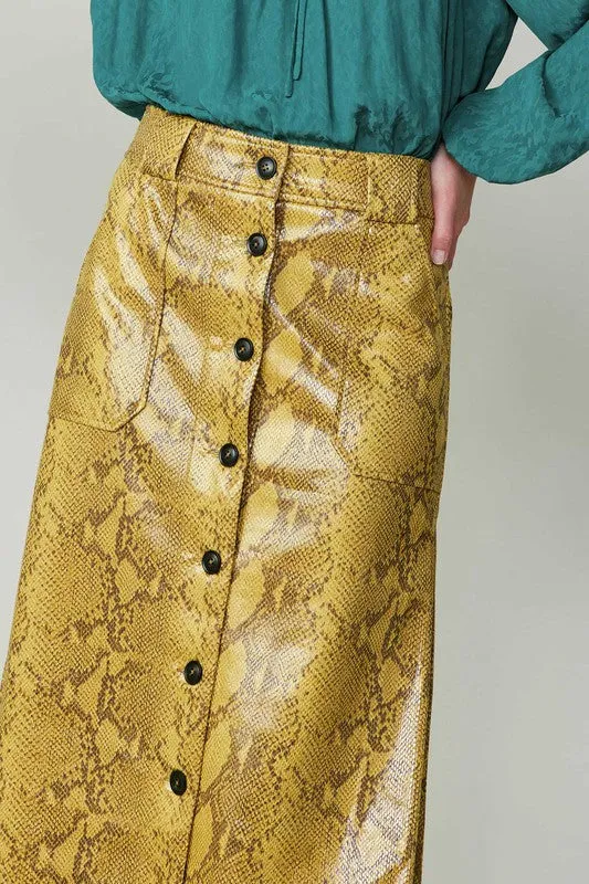 Snake Skin Print Faux Leather Skirt-Yellow