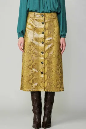 Yellow Faux Leather Skirt with Snake Skin Print, Enhanced