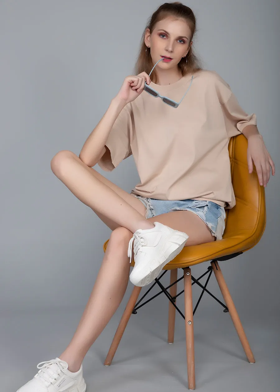 Solid Women Oversized T-Shirt - Beige