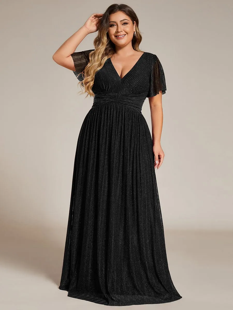 V-Neck Glittery Short Sleeves Formal Evening Dress with Empire Waist