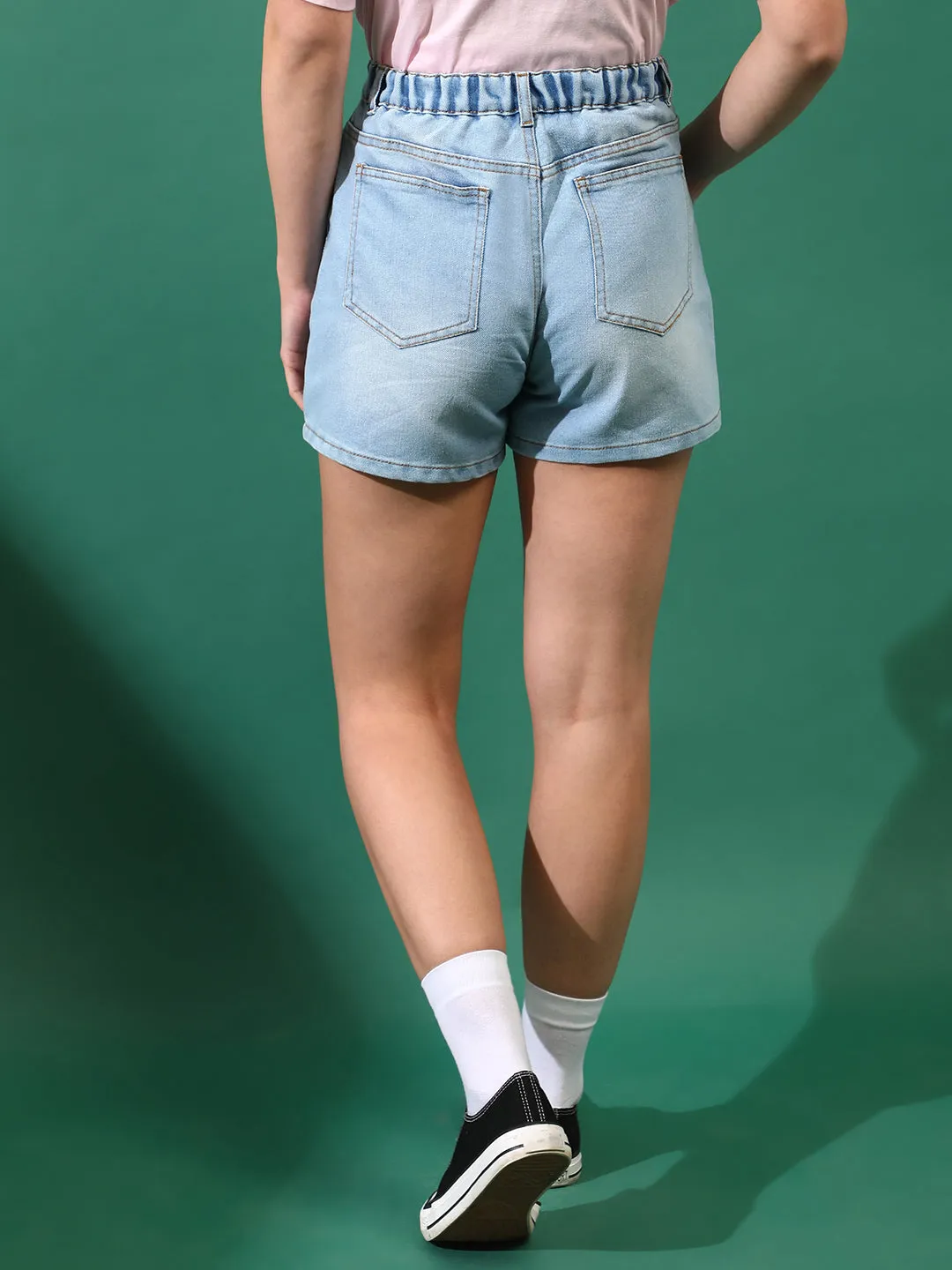 Women Denim solid Light Blue Shorts