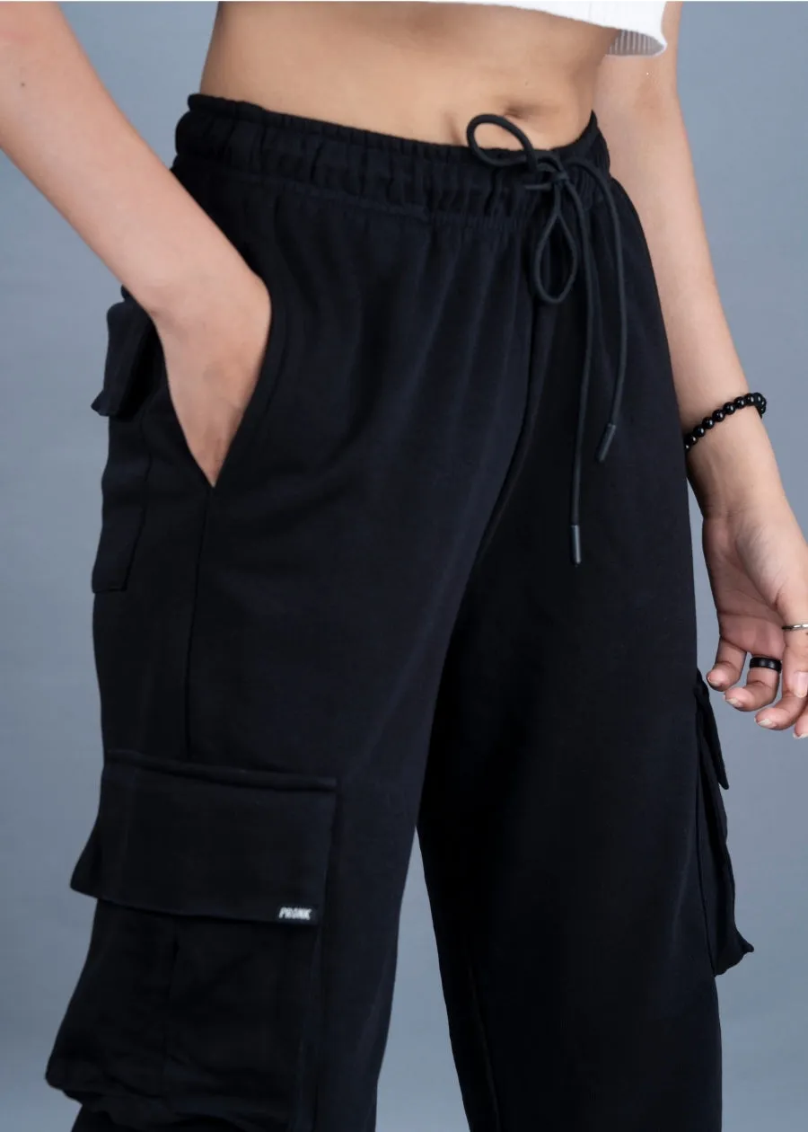 Women Premium Terry Cargo Pants - Black