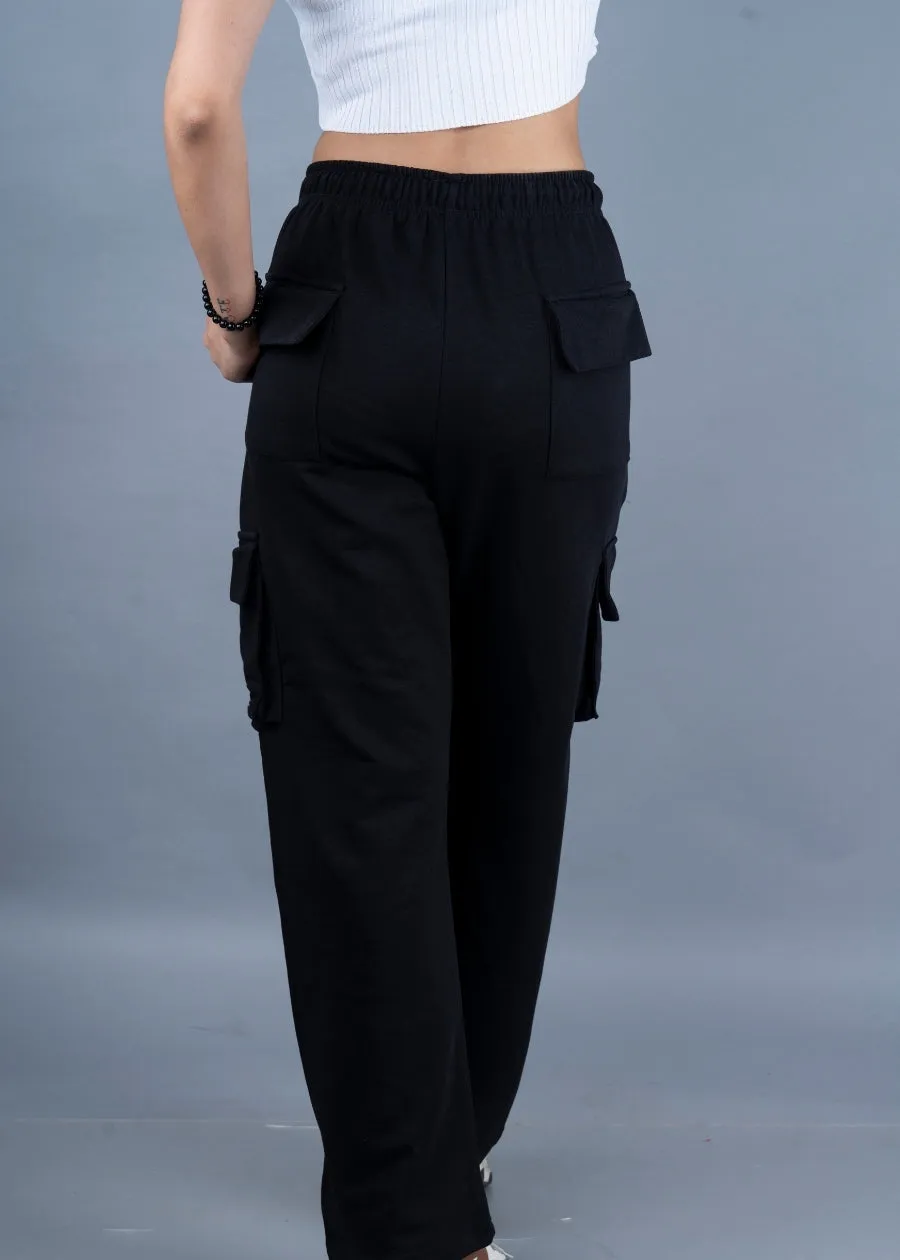 Women Premium Terry Cargo Pants - Black