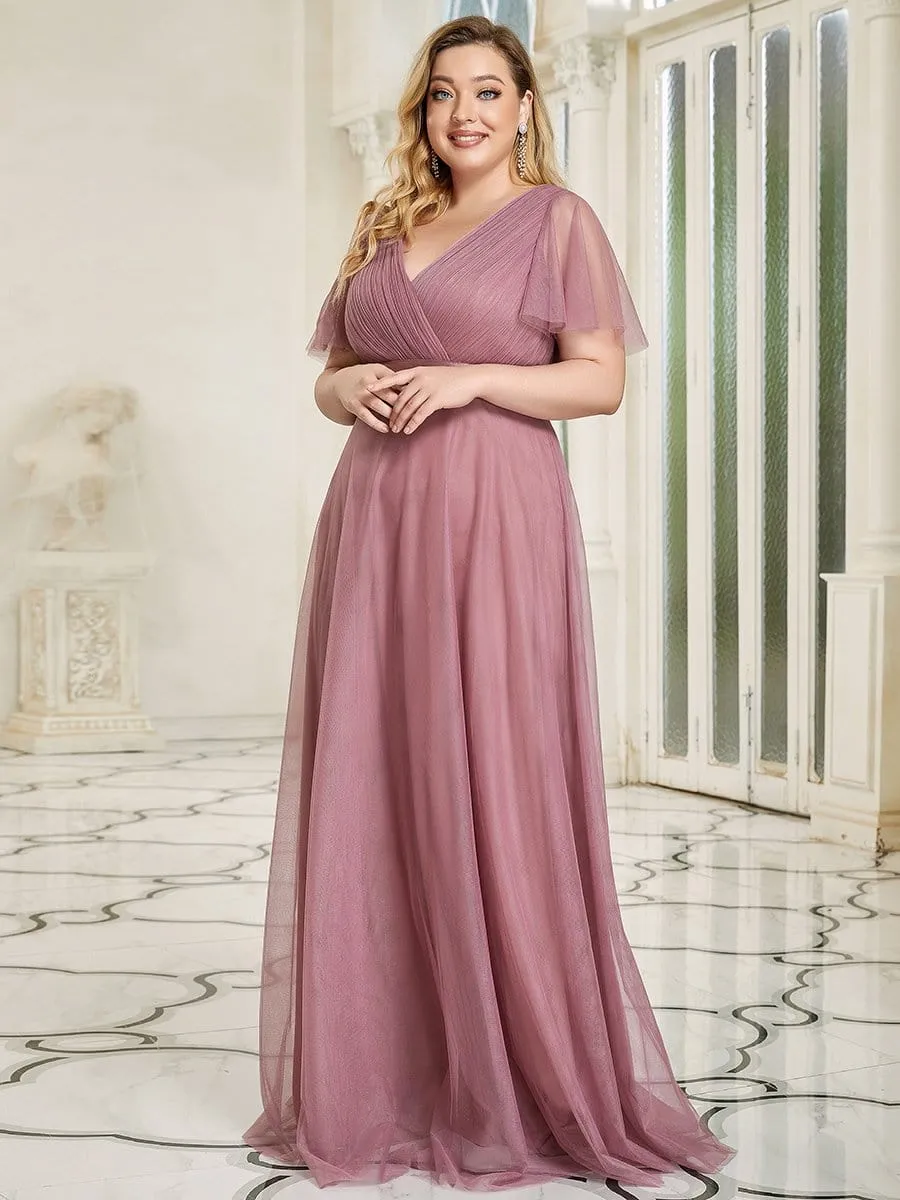 Women's Floor-Length Plus Size Formal Bridesmaid Dress with Short Sleeve