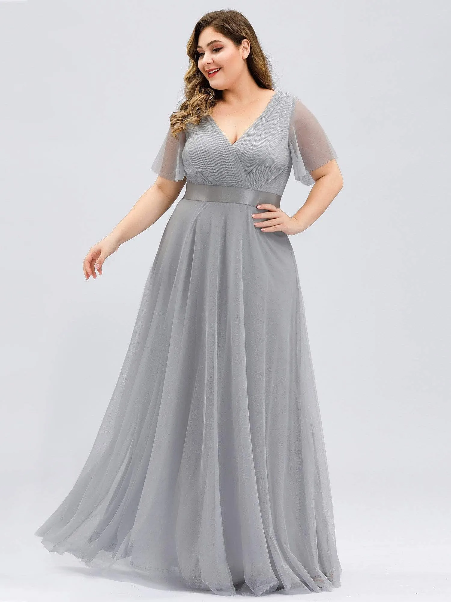 Women's Floor-Length Plus Size Formal Bridesmaid Dress with Short Sleeve