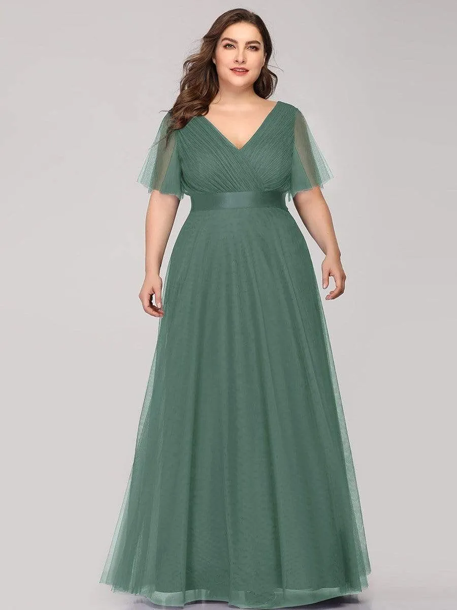 Women's Floor-Length Plus Size Formal Bridesmaid Dress with Short Sleeve