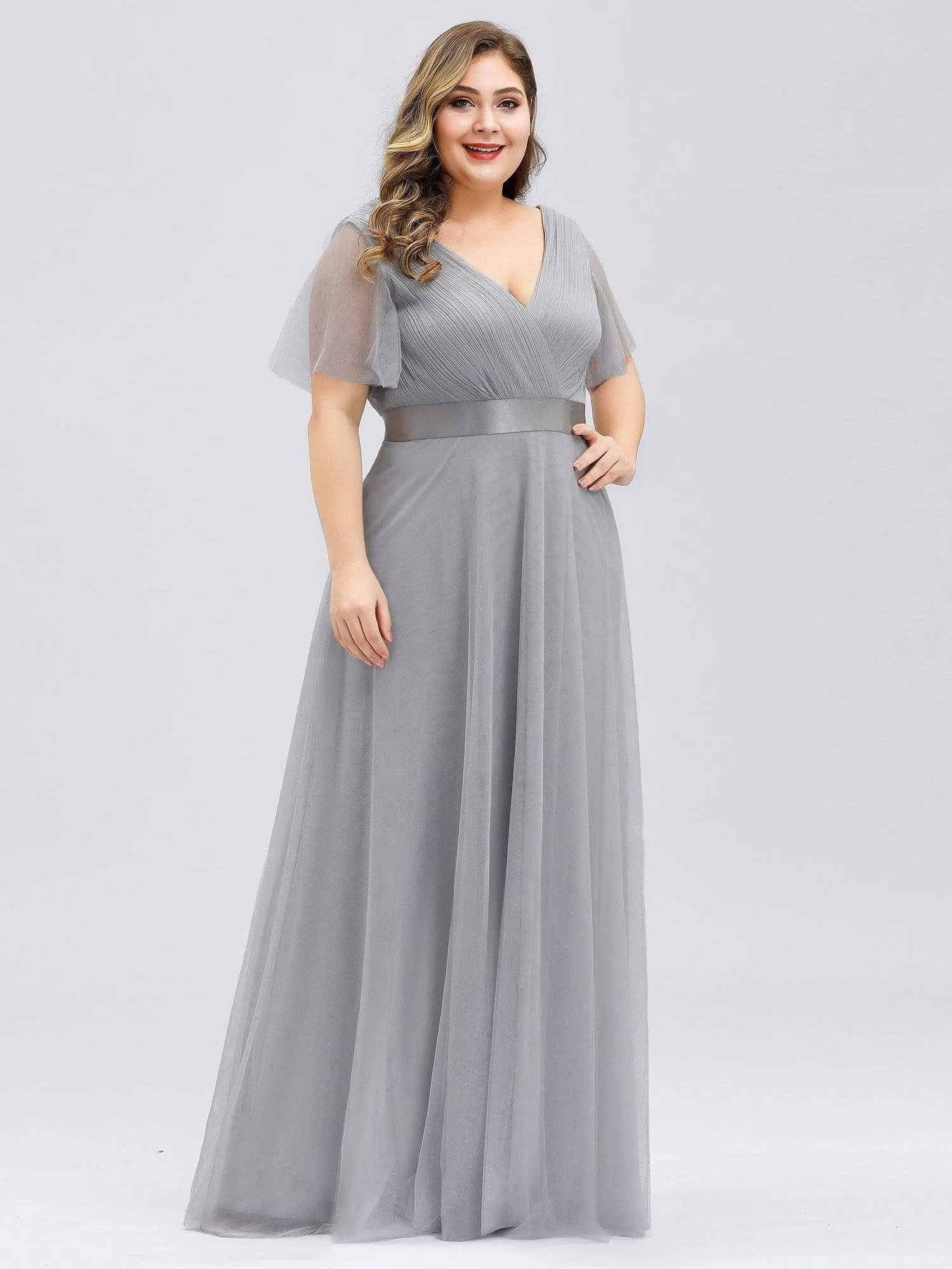 Women's Floor-Length Plus Size Formal Bridesmaid Dress with Short Sleeve