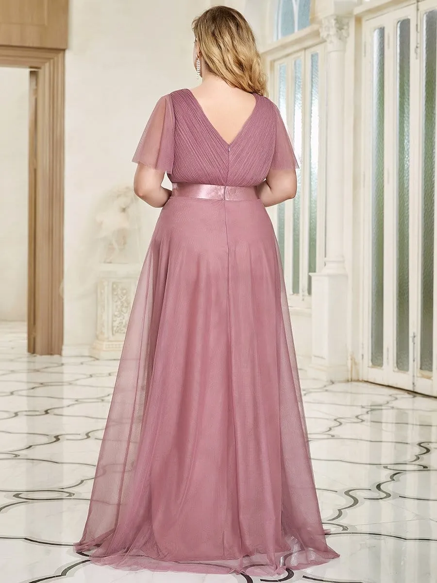 Women's Floor-Length Plus Size Formal Bridesmaid Dress with Short Sleeve