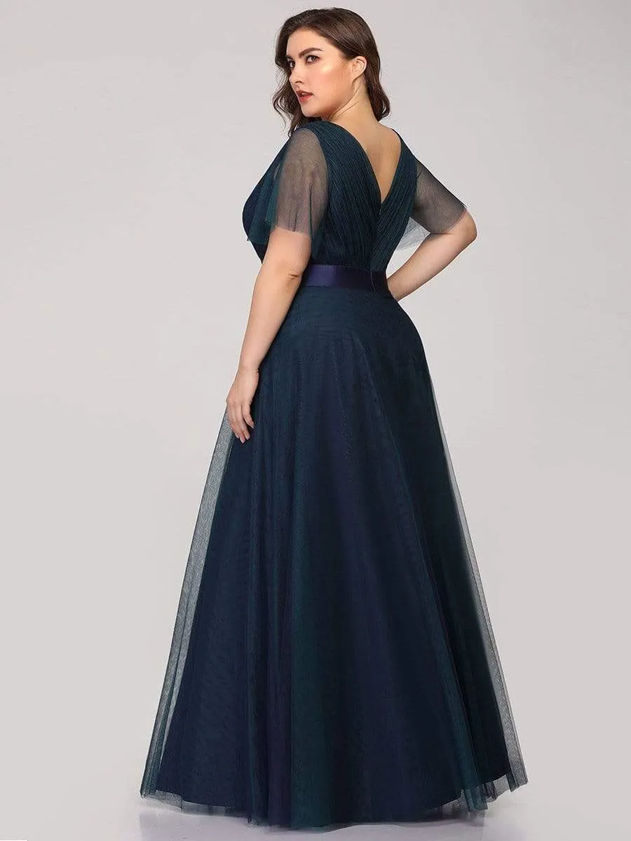 Women's Floor-Length Plus Size Formal Bridesmaid Dress with Short Sleeve