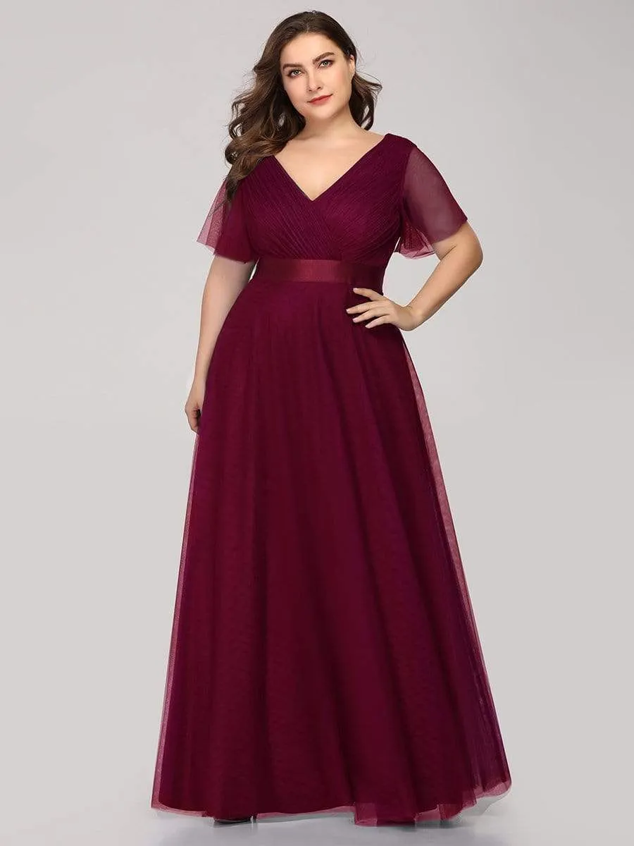 Women's Floor-Length Plus Size Formal Bridesmaid Dress with Short Sleeve