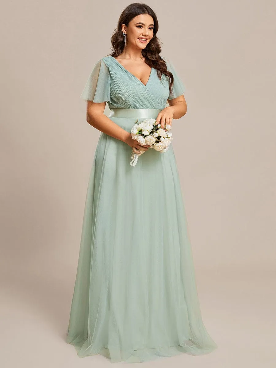 Women's Floor-Length Plus Size Formal Bridesmaid Dress with Short Sleeve