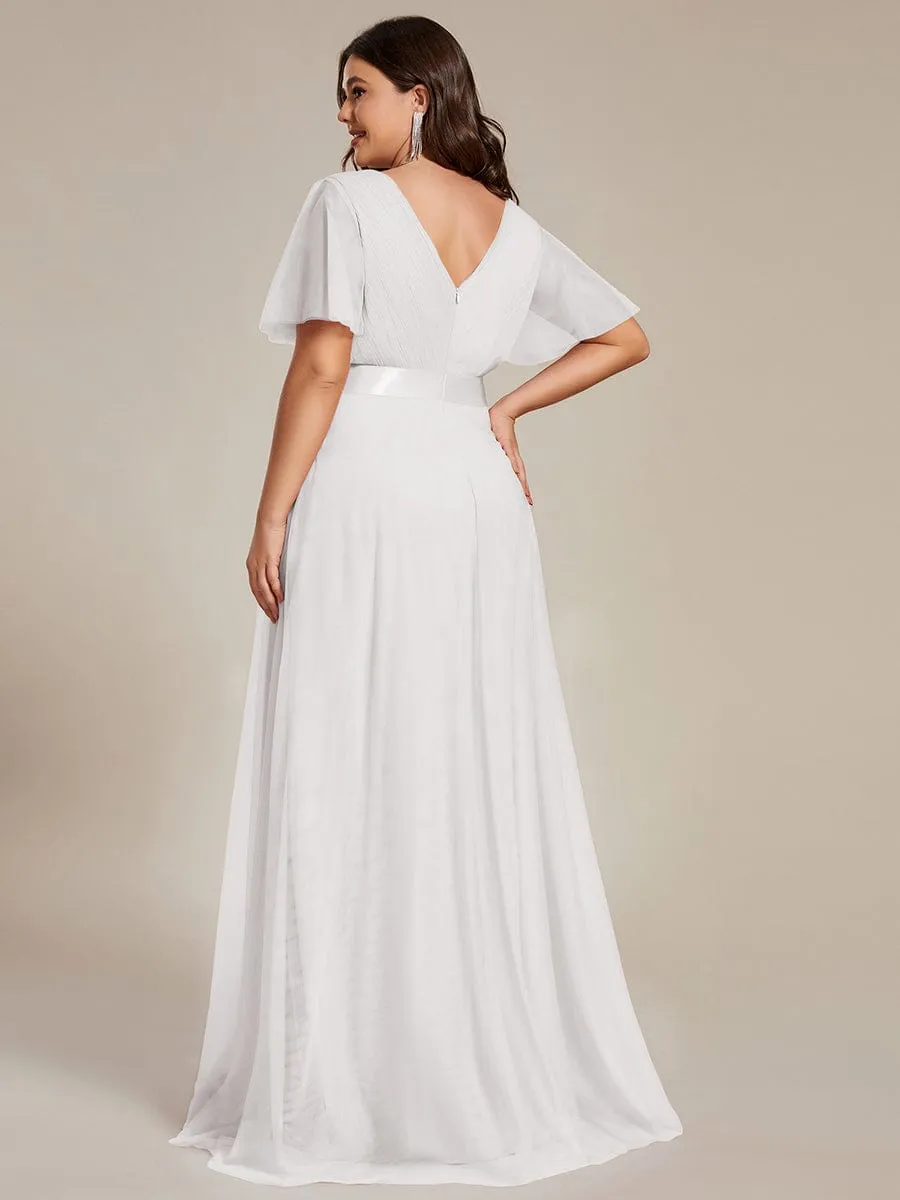 Women's Floor-Length Plus Size Formal Bridesmaid Dress with Short Sleeve