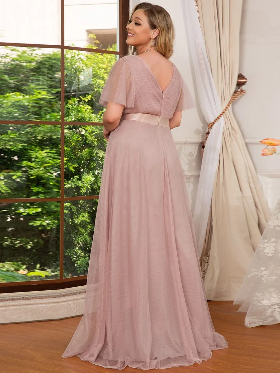 Women's Floor-Length Plus Size Formal Bridesmaid Dress with Short Sleeve