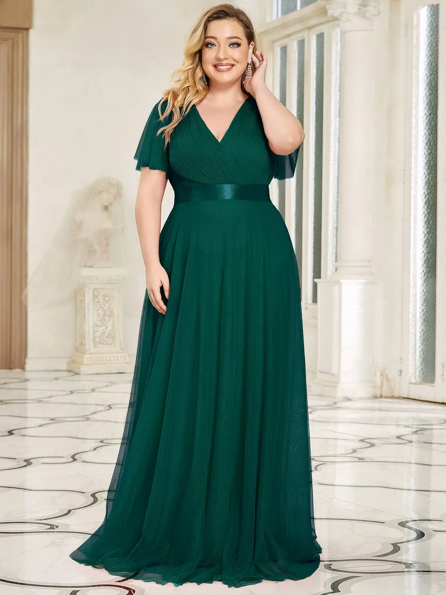 Women's Floor-Length Plus Size Formal Bridesmaid Dress with Short Sleeve