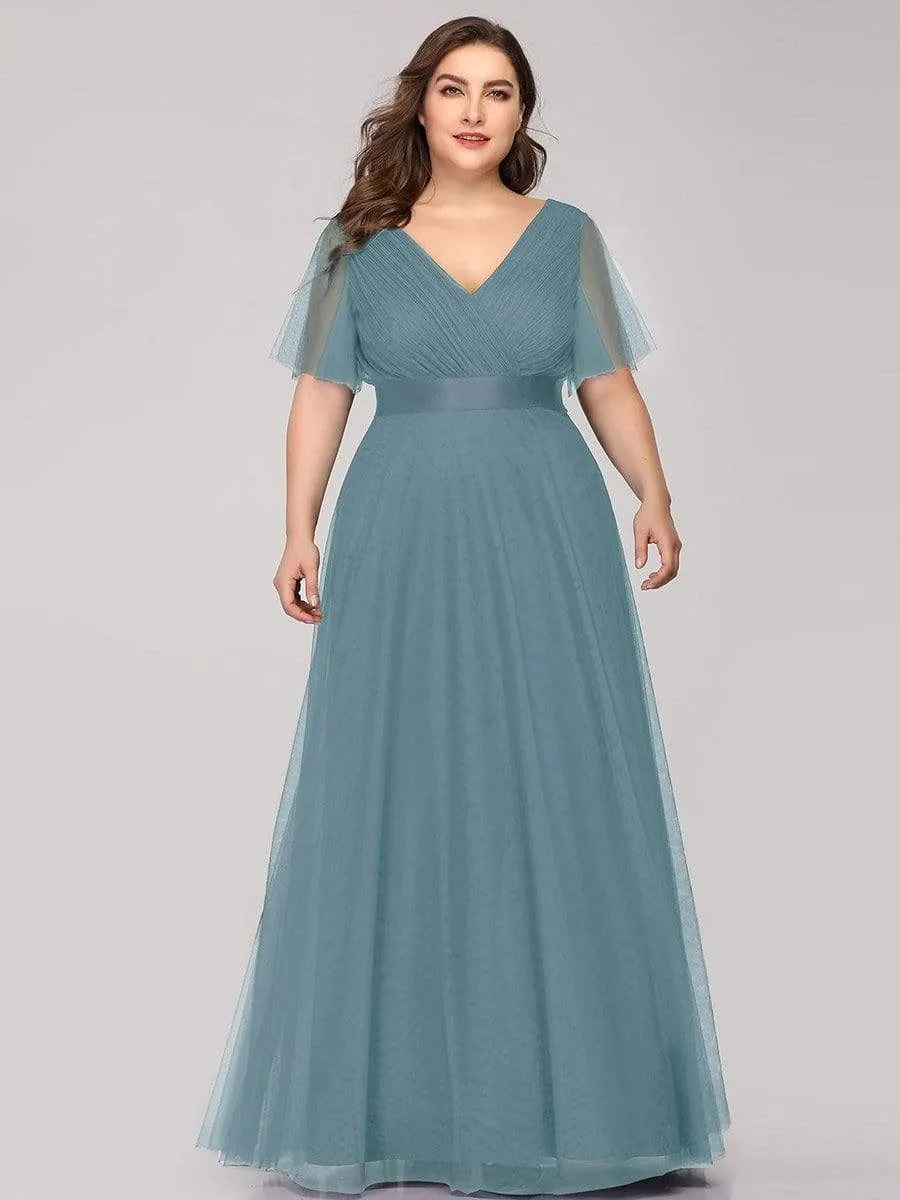 Women's Floor-Length Plus Size Formal Bridesmaid Dress with Short Sleeve