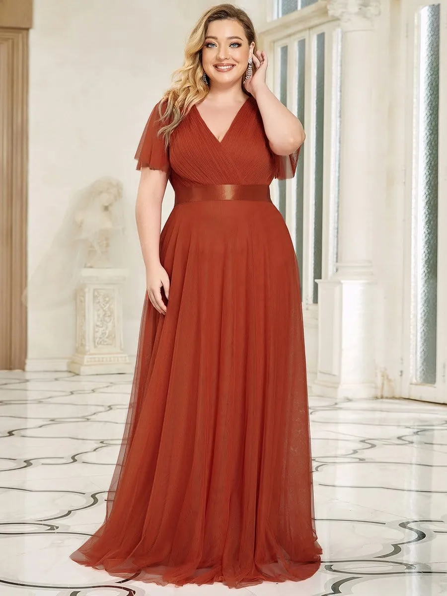 Women's Floor-Length Plus Size Formal Bridesmaid Dress with Short Sleeve